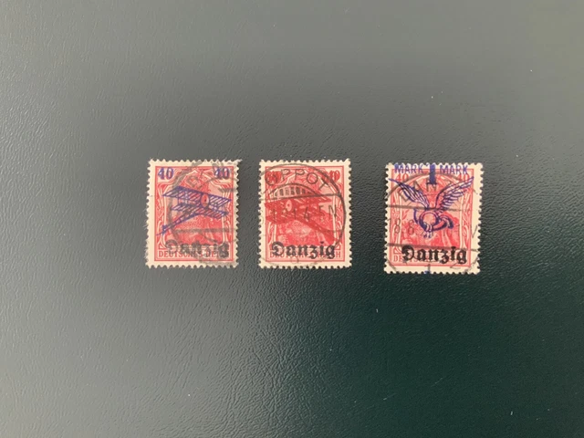 3 Flugpostmarken Danzig gestempelt m. Falz