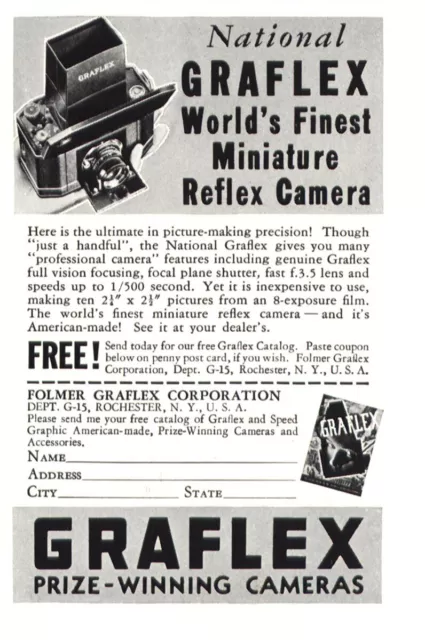 1937 Graflex Reflex Camera: Miniature Vintage Print Ad