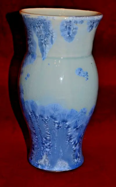Studio Pottery Vase Light Blue Crystalline Glaze Tall Narrow Artist Signed 7.75"