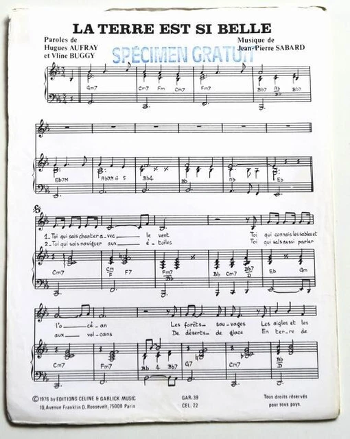 Partition vintage sheet music HUGUES AUFRAY : La Terre Est Si Belle *70's Sabard