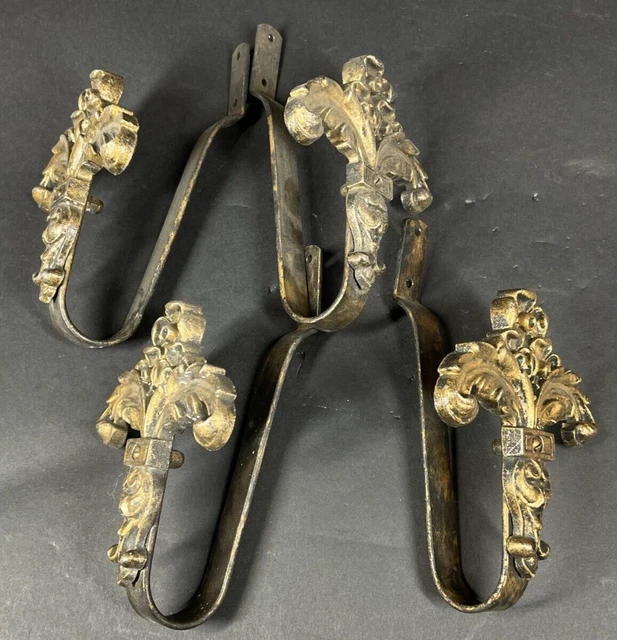 Set 4 Antique 1920s Gilt Metal Floral Leafy Drapery Tie or Hold Backs marked CNP 4