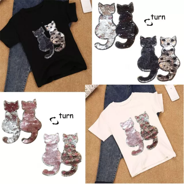 Cute Coat Jeans Craft Applique Sequins Cat Patch DIY Clothes Reversible Color