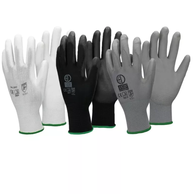 24 Pares guantes de trabajo gris / negro / blanco PU recubierto palma S M L XXL