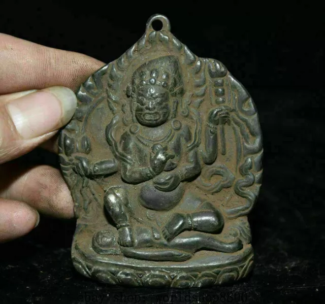 3" Old Tibet Buddhism Bronze 4 Arms Mahakala Wrathful Deity Buddha Statue