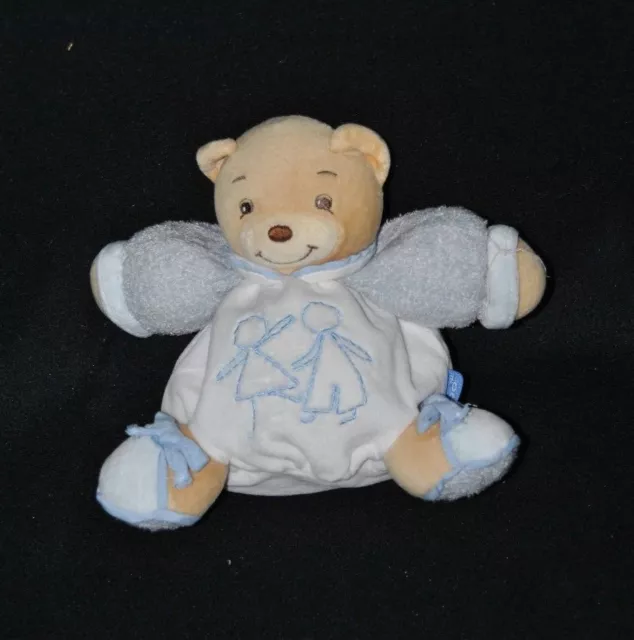 Peluche doudou ours boule blanc KALOO 2005 bras bleu enfants brodés 18 cm TTBE