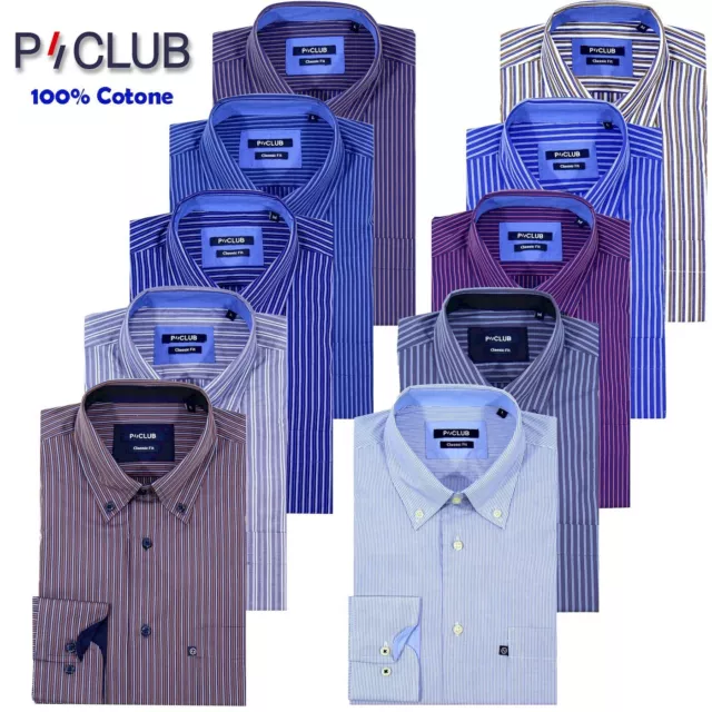 Camicia uomo manica lunga P-CLUB 100% cotone botton down e taschino M L XL XXL 3