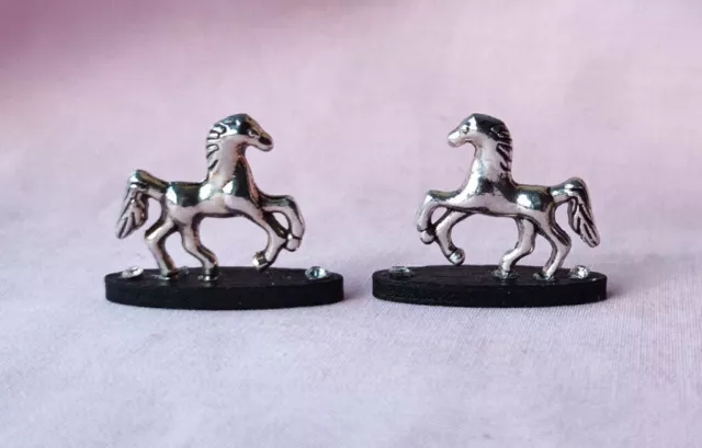 Doll's House Miniature Pair Of Silver Horses Mounted On A Wooden Base