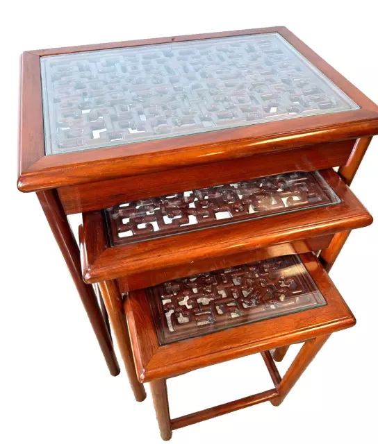 Set of 3 Asian Wood Nesting Side Accent Tables With Glass Tops