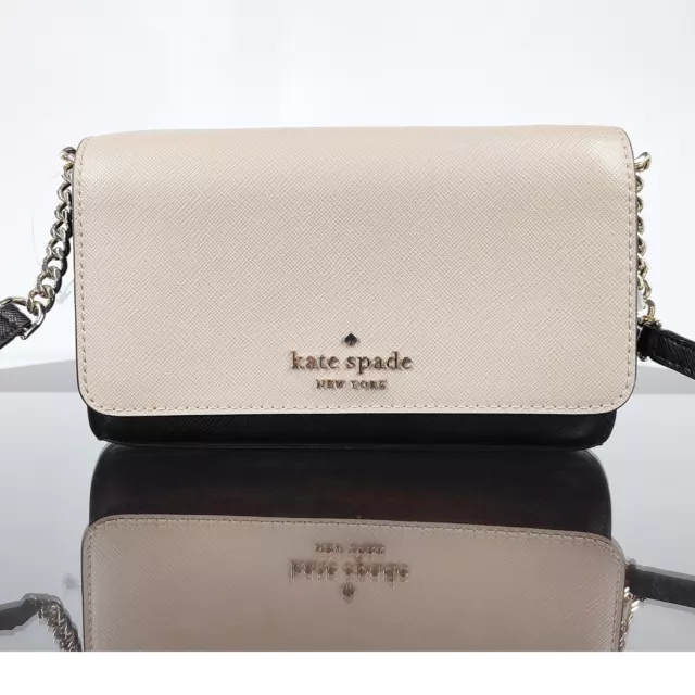 Kate Spade NY Staci Crossbody Bag Saffiano Leather Black Beige Clutch Purse