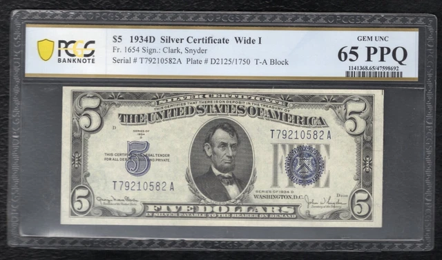Fr. 1654 1934-D $5 Wide I Silver Certificate Pcgs Banknote Gem Unc-65Ppq (M)