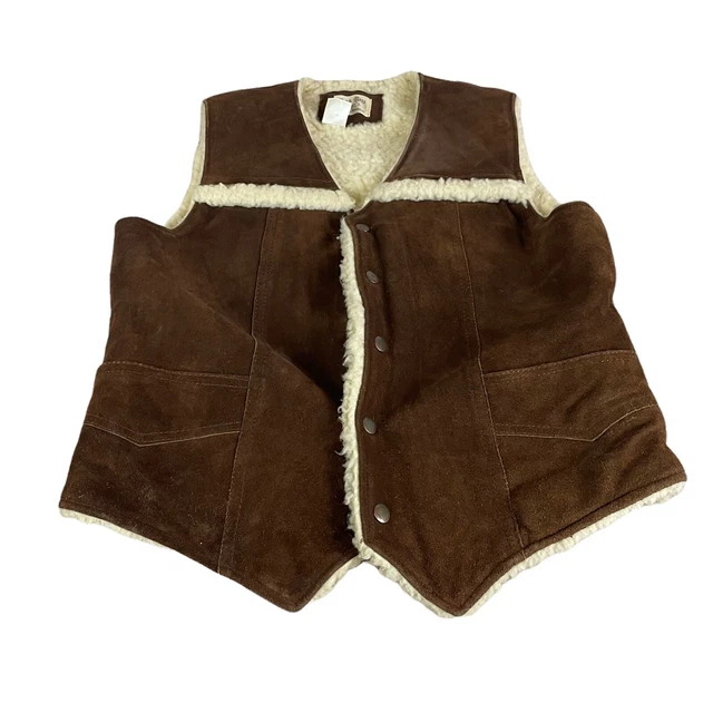 Vintage Split Leather Sherpa Vest Western Cowboy Trail Boss Medium Brown R1