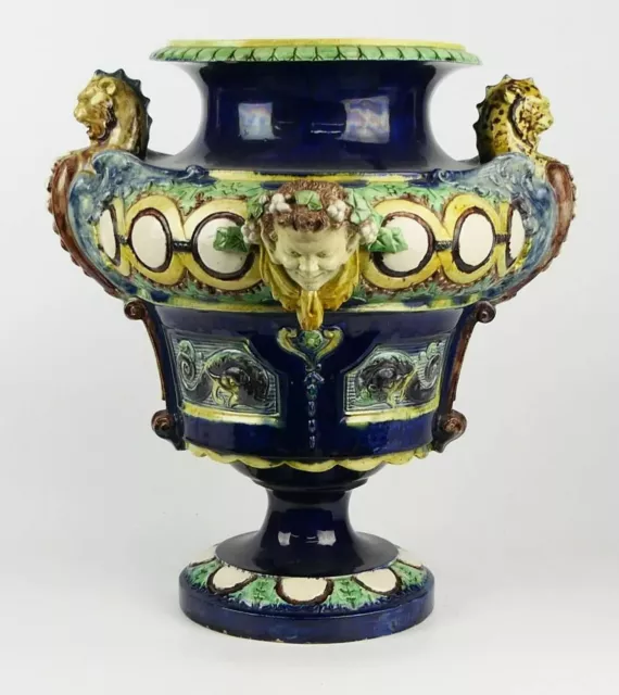 Antique Italian Majolica Porcelain Satyr Urn Vase 14" H.