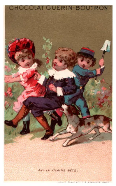 1880s Trade Card - Chocolat Guerin Boutron Naughty Boy and Dog Running with Girl