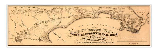 MAP of Pacific & Atlantic Rail Road between San Francisco & San Jose circa 1851