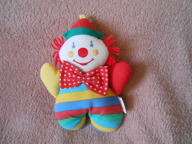 Poupée Ancienne Clown - Lilliputiens - Vert, Rouge Rayé, Laine Et Tissu, Vintage