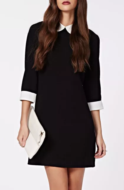 Womens Black Monochrome Peter Pan Collar 3/4 - Sleeve Skater Block Mini Dress