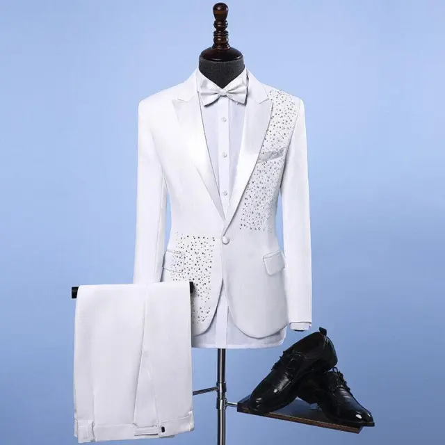 Men Slim Fit Rhinestone Suit Blazer Jacket Pants 2PCS Work Glitter Wedding Sets