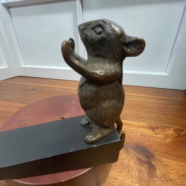 Brass Mouse Doormouse Holding Door Stop Stopper with Black Wood Wedge Vintage