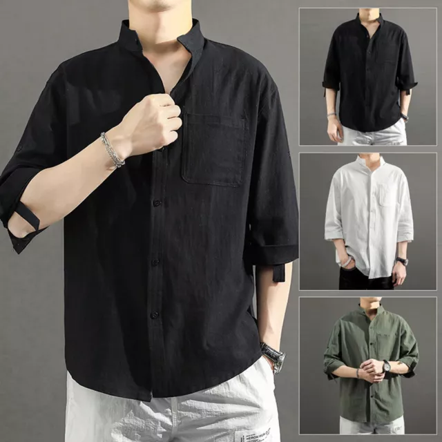 HOMMES LIN BOUTON Bas Chemise Manche Courte Grand Pere Mandarine Col Haut EUR 30 88 PicClick FR