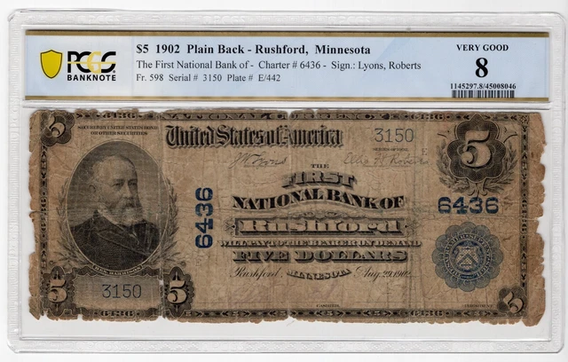 1902 $5 Plain Back The First National bank of Rushford Minnesota PCGS VG8 RARE