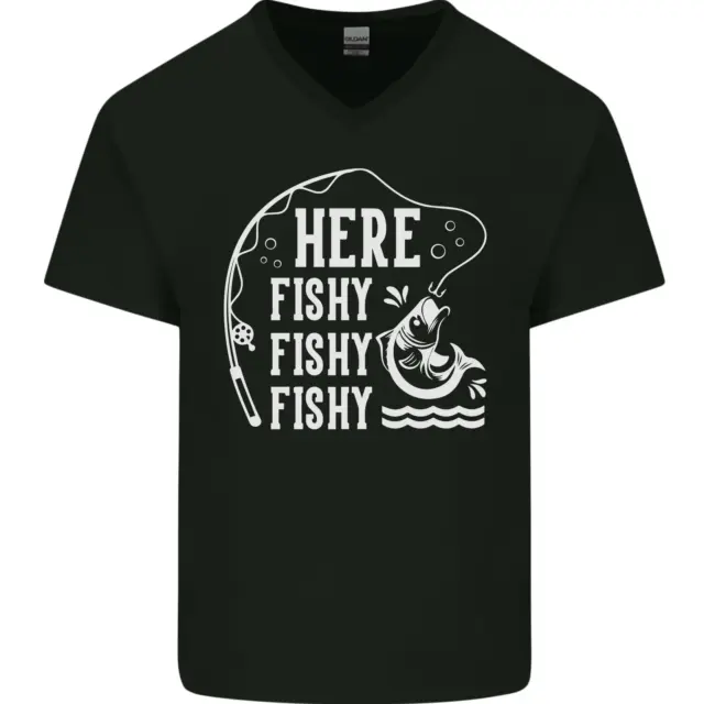 Here Fishy Fishy Funny Fishing Fisherman Mens V-Neck Cotton T-Shirt