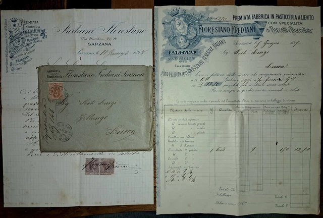 Molto Rara 1898 Fatture Florestano Frediani Sarzana Pasticceria + Storia Postale