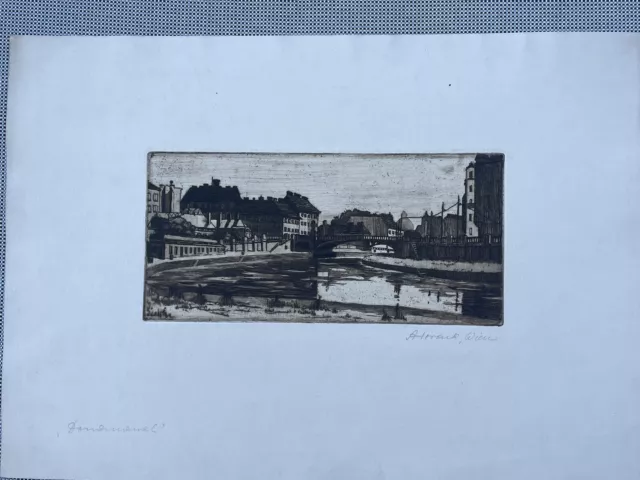 old Vienna cityscape etching signed Austria Wien Bridge 1930 DONAUKANAL