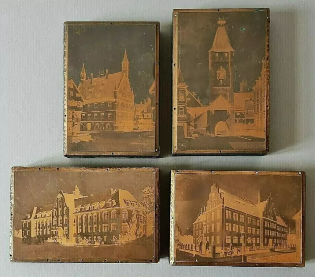 4 Antike Buchdruck Klischee / Cliché - Biberach alte Gebäude - in Kupfer um 1900