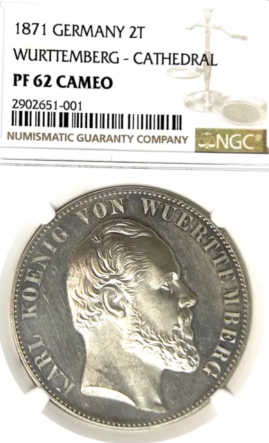 Deutsche Staat Württemberg 1871 Zwei Talers Münze NGC Pf 62 Cameo Pp / Beweis