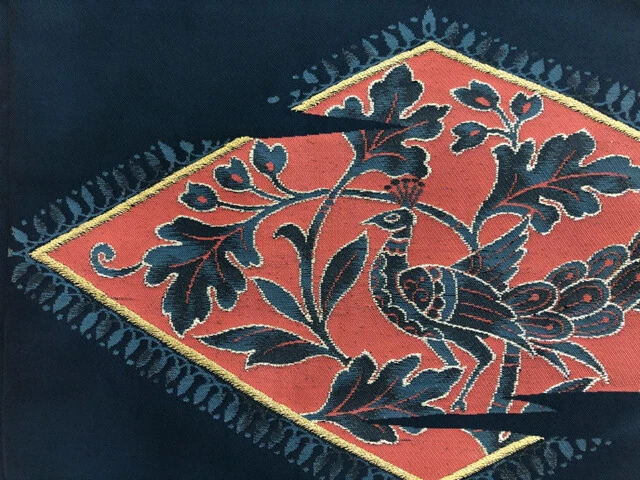 6550400: Japanese Kimono / Antique Nagoya Obi / Woven Peacock