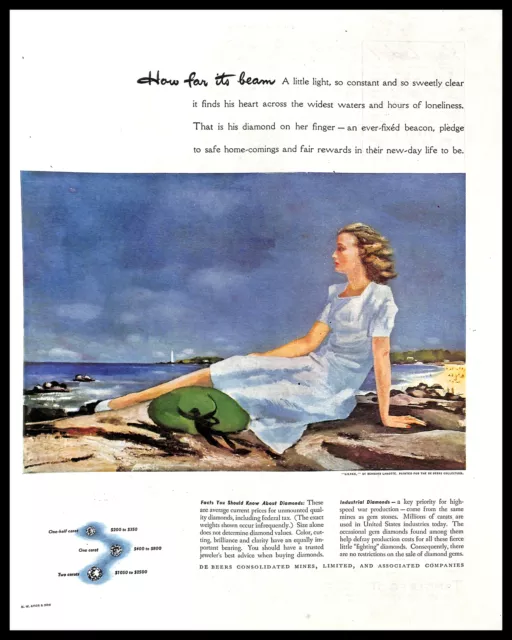 1943 De Beers Diamonds Vintage PRINT AD Lilyan Bernard Lamotte Painting Sea 40s