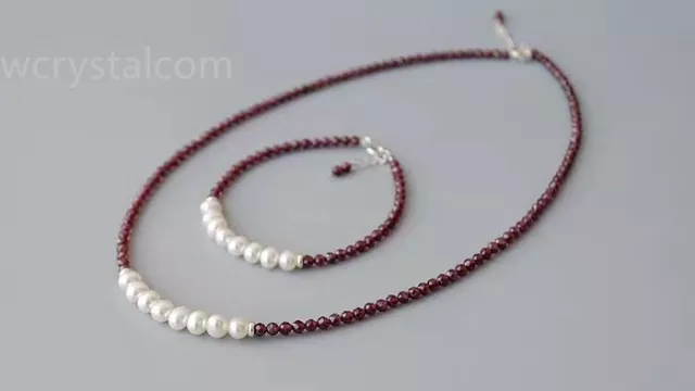 White Freshwater Pearl Natural Garnet Facet 4mm Choker Necklace Bracelet Set