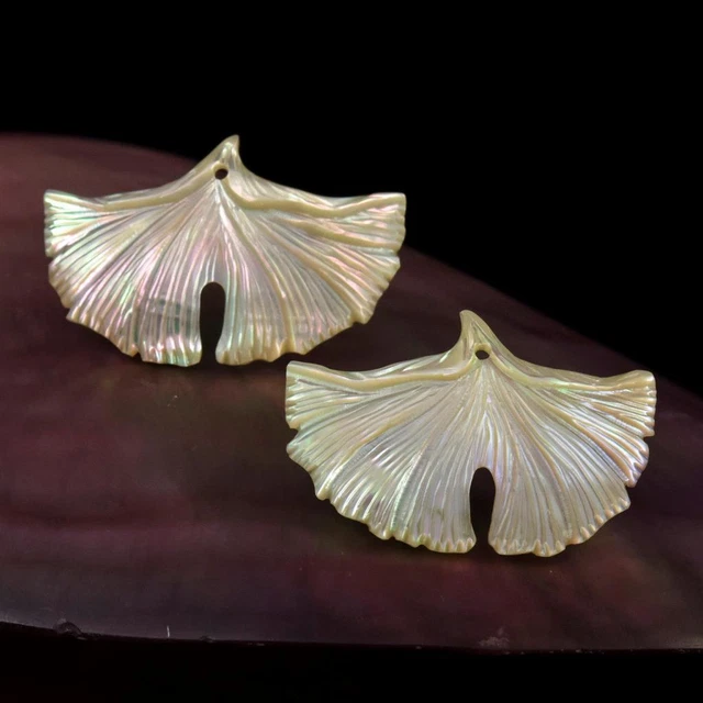 Natural Iridescent Turbo Shell Carving Ginkgo Leaf Earring Pair Handmade 3.64 g