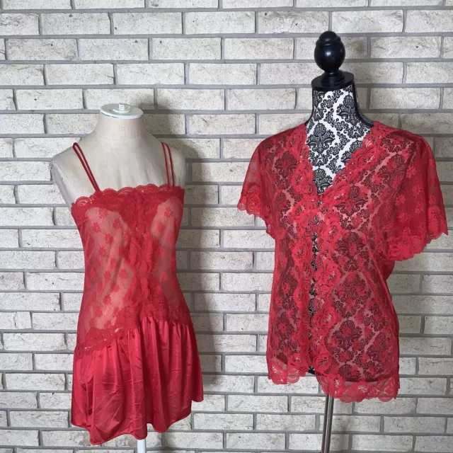 Vintage Lorraine Red Semi Sheer Nylon & Floral Scalloped Lace Slip Dress Size XS