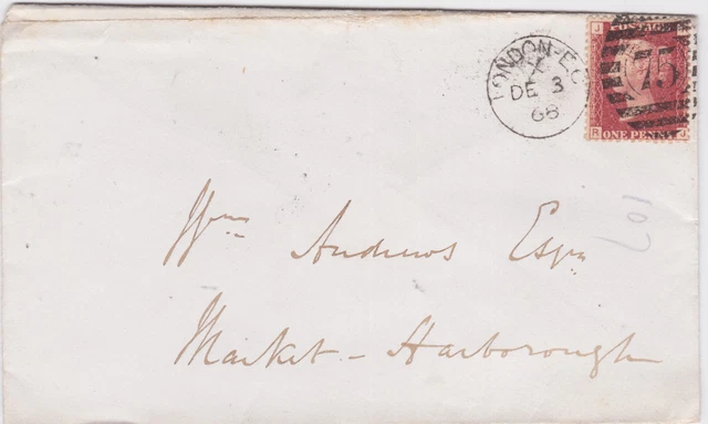 1868 QV 1d PENNY RED STAMP PLATE 107 ON LONDON EC COVER TO MARKET HARBOROUGH