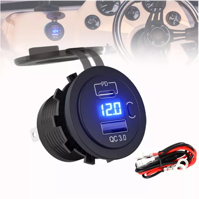 12V QC3.0 USB Charger Boat Car Rocker Switch USB/Type-C+PD w/LED Voltmeter