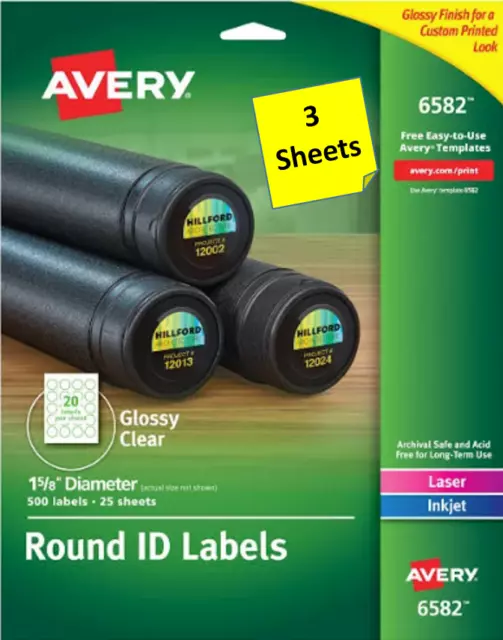 [3 Sheets] Avery 6582 1 5/8" Diameter Glossy Clear Round ID Labels LASER/INKJET