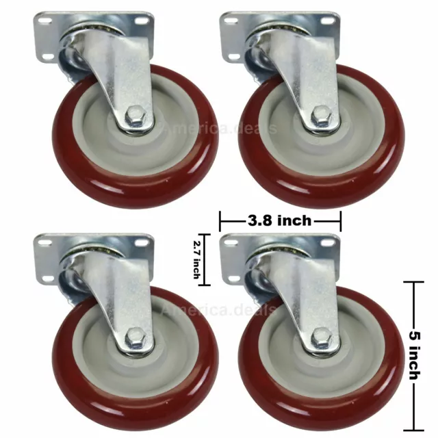 4 Pack 5 Inch 5'' Caster Wheels Swivel Plate Casters Polyurethane