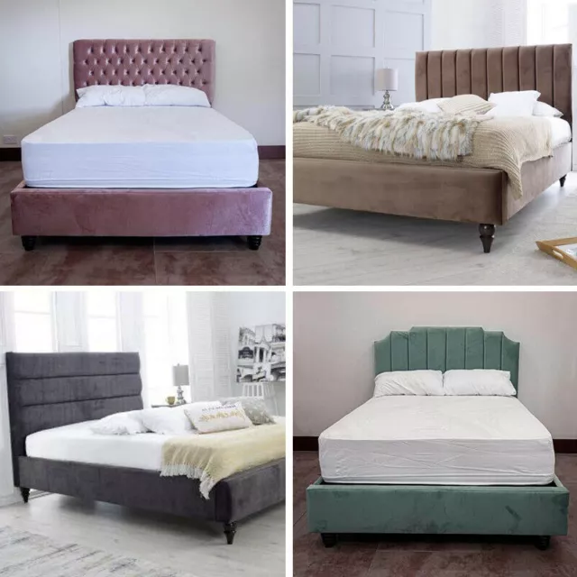 Luxury Plush Velvet Upholstered Fabric Bed Frame with Floor Standing Headboard