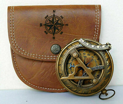 Nautical brass sundial pocket compass with leather case vintage gift.