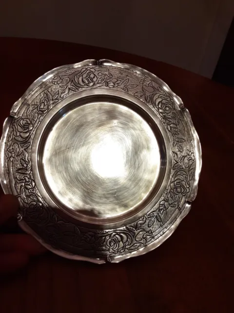 900 SILVER ORNATE HAND CARVED FOOTED TRAY DISH 6.25" D/ 170g CHILE