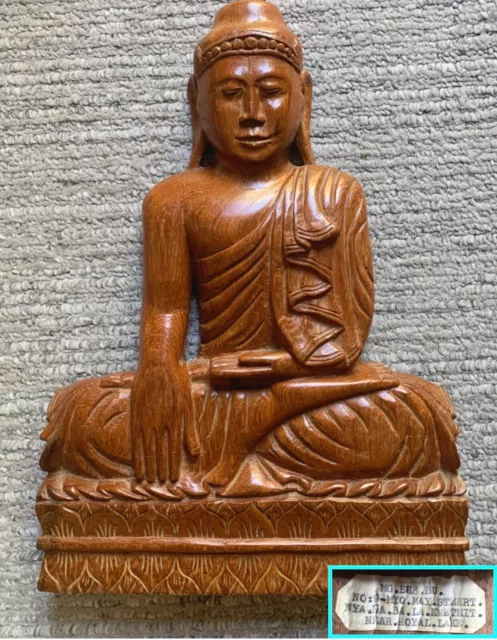 Vintage Burmese Myanmar Buddha Hand Carved Wood Plaque Statue Altar 14"
