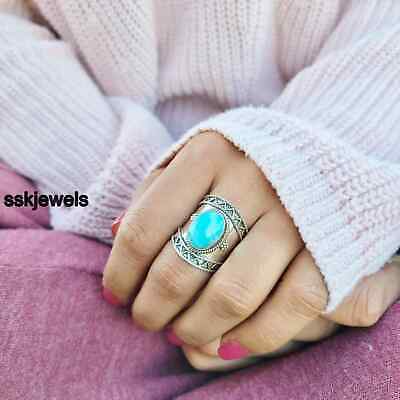 Solid 925 Sterling Silver Handmade Larimar Gemstone Band Ring All Size S302