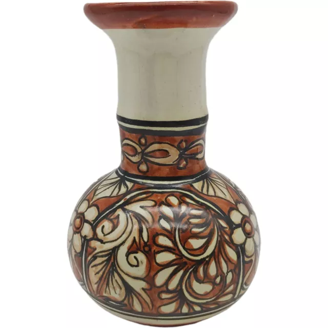 Folk Art Handmade Pottery Floral Vase, 6.5" Brown White Hand Painted Leaves Boho