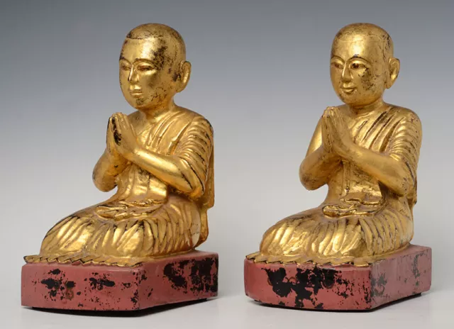 19th Century, Mandalay, A Pair of Antique Burmese Wooden Seated Disciples 8