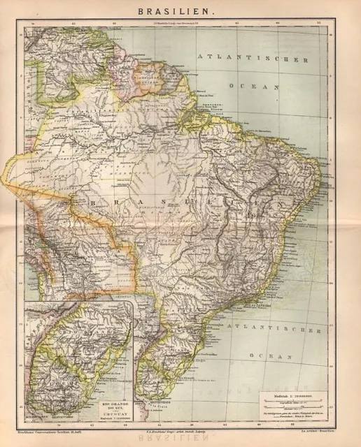 BRASILIEN  Bolivia Venezuela Urugay Argentinia   historische Landkarte 1882