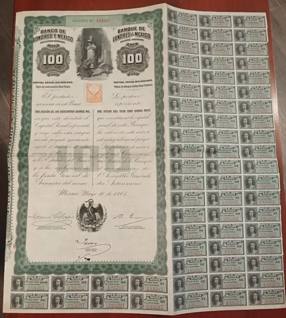 Mexico 1905 Bank Banco Londres Queen Victoria $ 100 Pesos Coupons Bond Loan