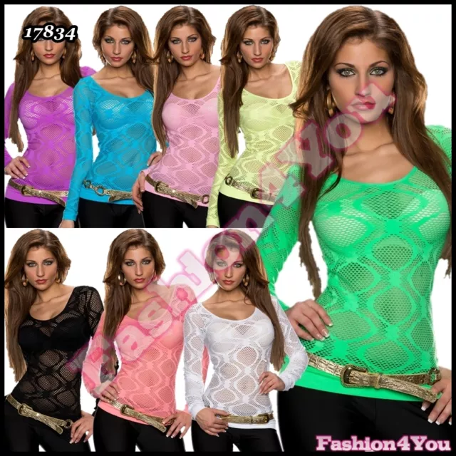 Sexy Women's Blouse Ladies Summer Fishnet Long Sleeve Top One Size 6,8,10,12 UK