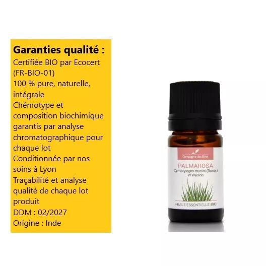 Palmarosa - Huile Essentielle Bio Aromathérapie Bien Être Santé Corps Zen 5 Ml