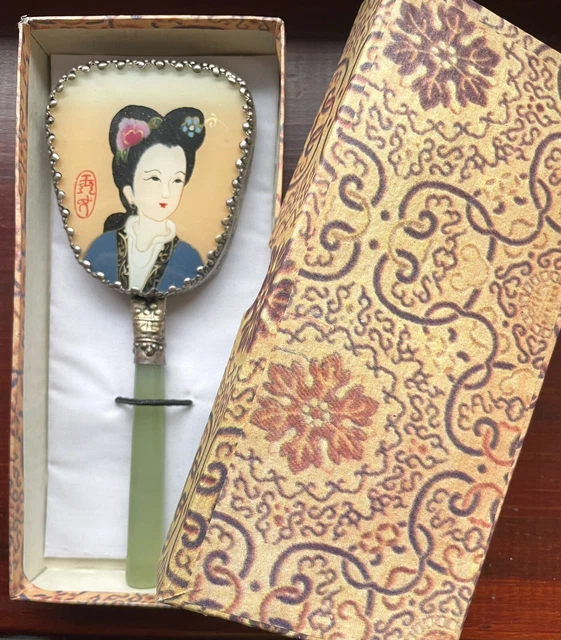 Vintage Chinese Jade Handle Handheld Hand Mirror 14cm BNIB